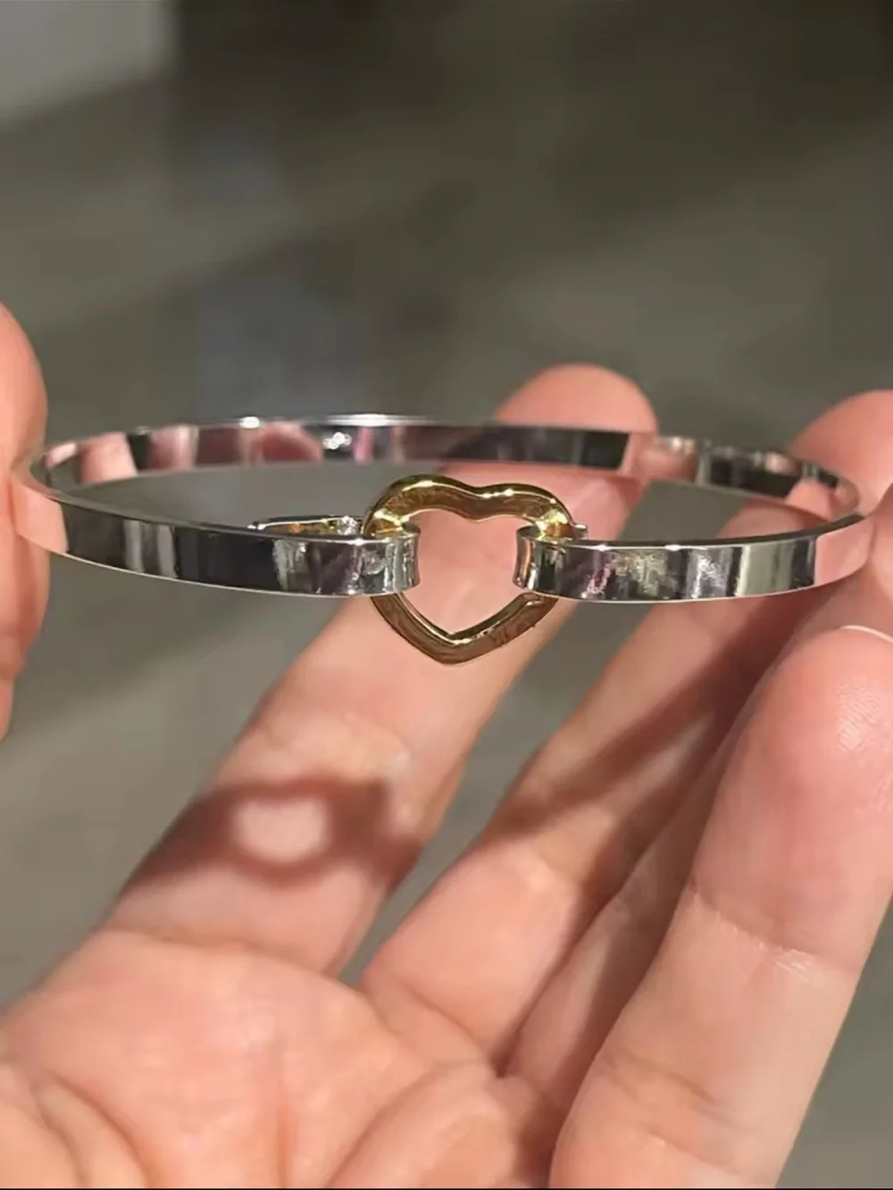 Two-Tone Heart Bangle Bracelet - Silver with Gold Heart